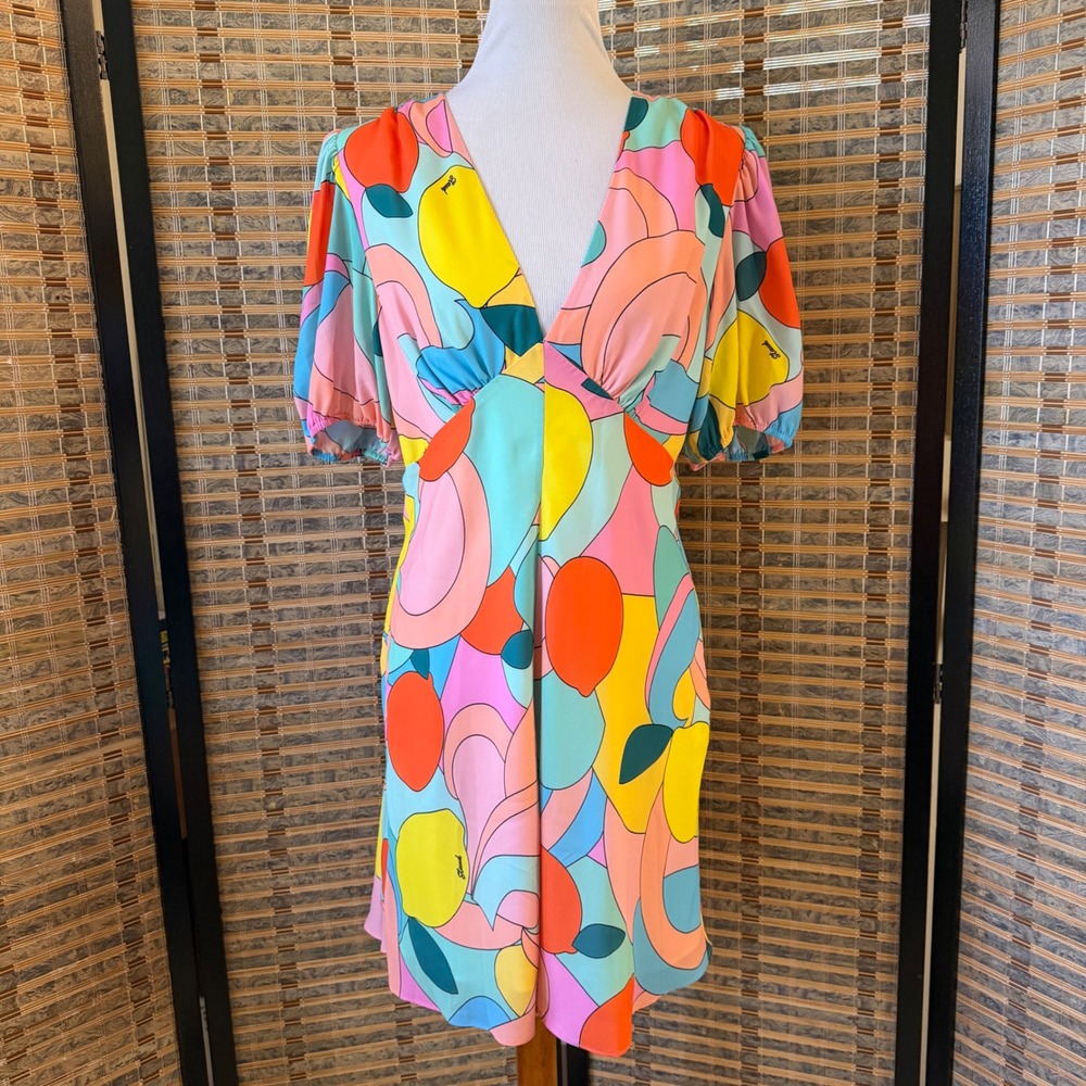 STAUD Abstract Puff Sleeve Mini Dress Women 12 Multi Color Fruit Print Summer
